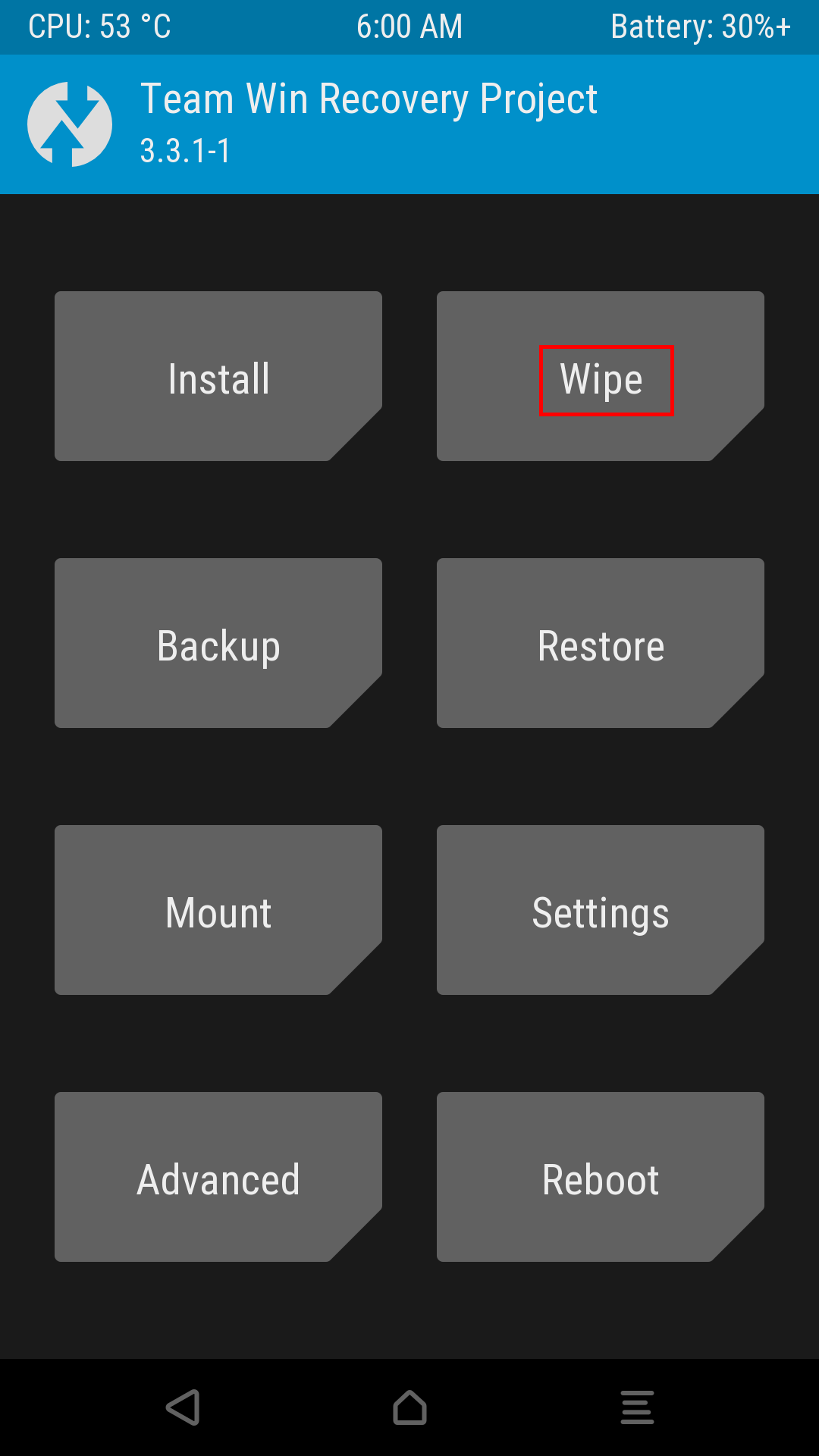 capture twrp du menu team win recovery project et avec le bouton wipe encadré en rouge
