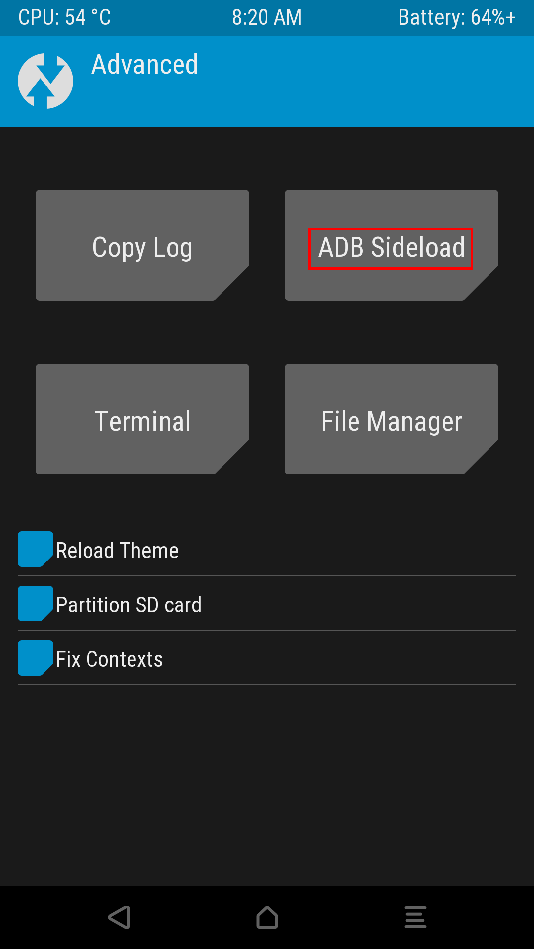 capture twrp du menu advanced avec le bouton ADB Sideload encadré en rouge