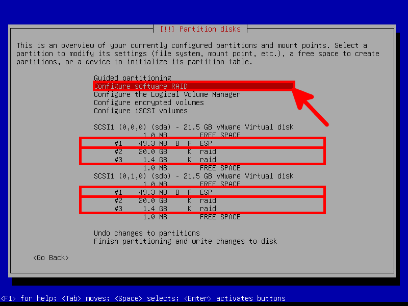 Etape de partitionnement de disques lors de l'installation de Debian Linux