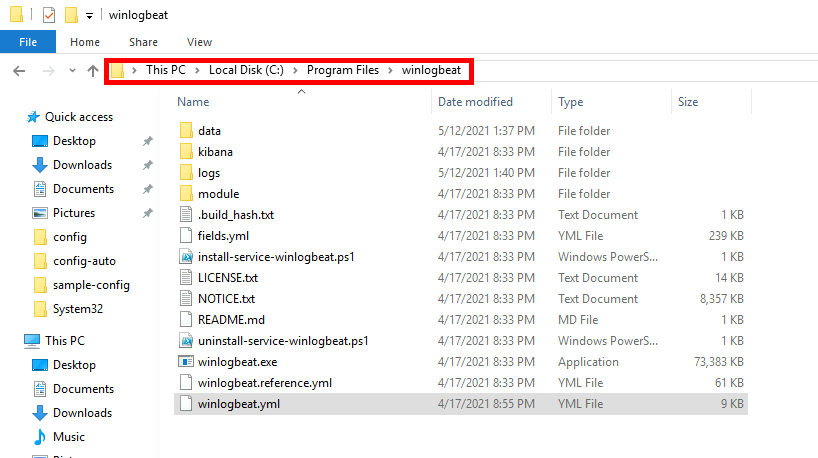 Elasticsearch | Windows Explorer, C:\Program Files\winlogbeat