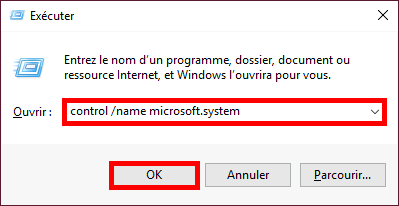 Windows | Démarrer, exécuter control /name microsoft.system