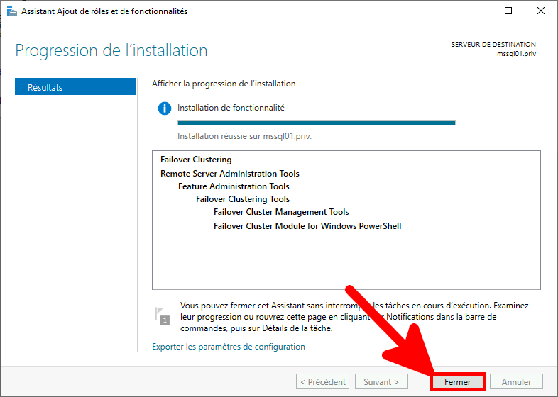 Windows | Assistant ajout de rôles et de fonctionnalités, Progression de l'installation.