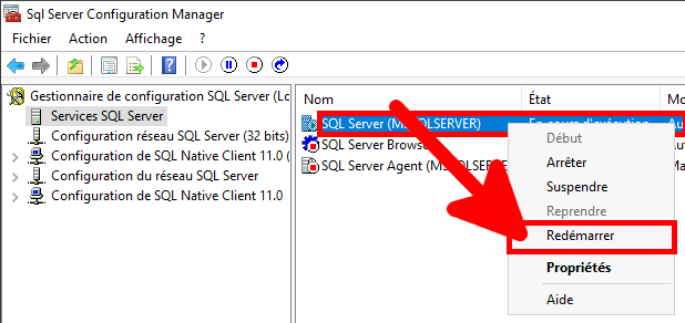 MSSQL | SQL Server Configuration Manager, redémarrer le service SQL Server.