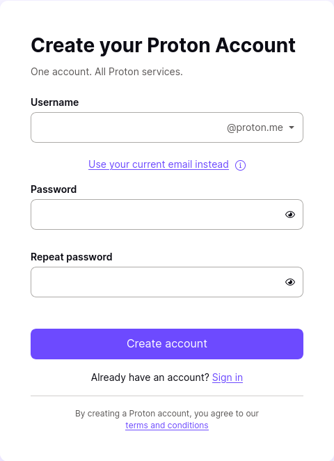Page de création de compte Proton
