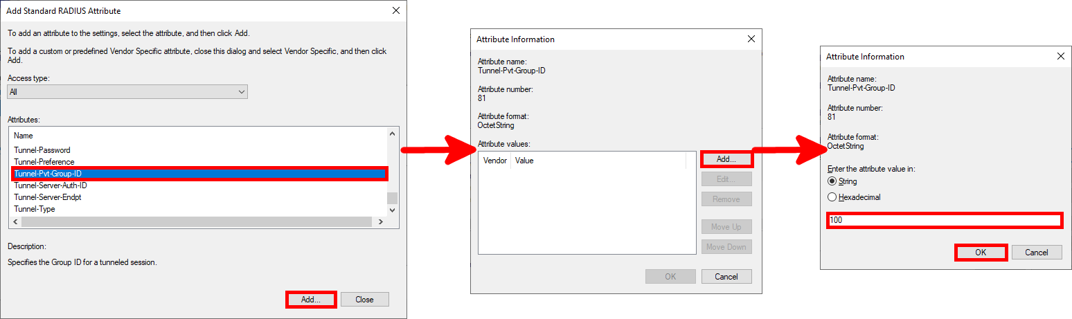 les différentes fenêtre des étapes de configuration de l'attribut tunnel-pvt-group-ID sur un serveur Windows NPS
