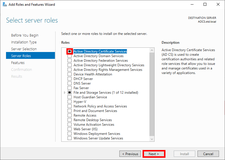 Fenêtre Windows d'installation de roles lors de l'étape d'ajout du role Active Directory Certificate Services