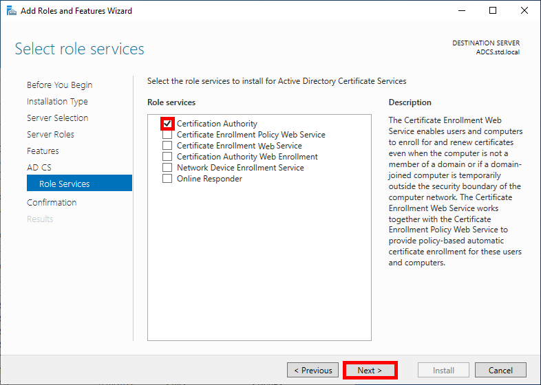 Fenêtre Windows d'installation de roles lors de l'étape d'ajout du role de service : authorité de certification