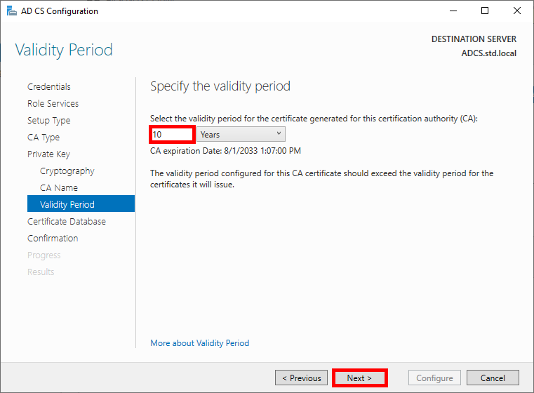 Fenêtre Windows de la configuration du role ADCS lors de la paramétrage de la durée de validité du certificat