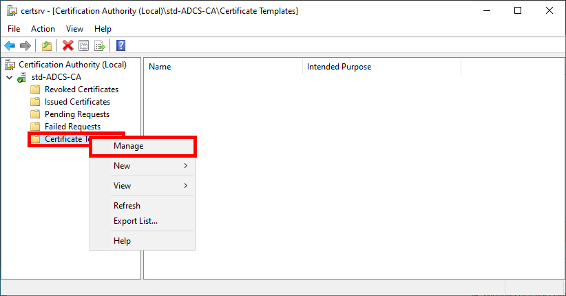 fenêtre windows de l'outil de configuration du service ADCS avec un clic droit sur le dossier de modèles de certificats