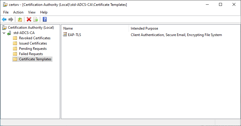 fenêtre windows de l'outil de configuration du service ADCS avec seulement le modèle EAP-TLS dans le dossier modèle de certificat