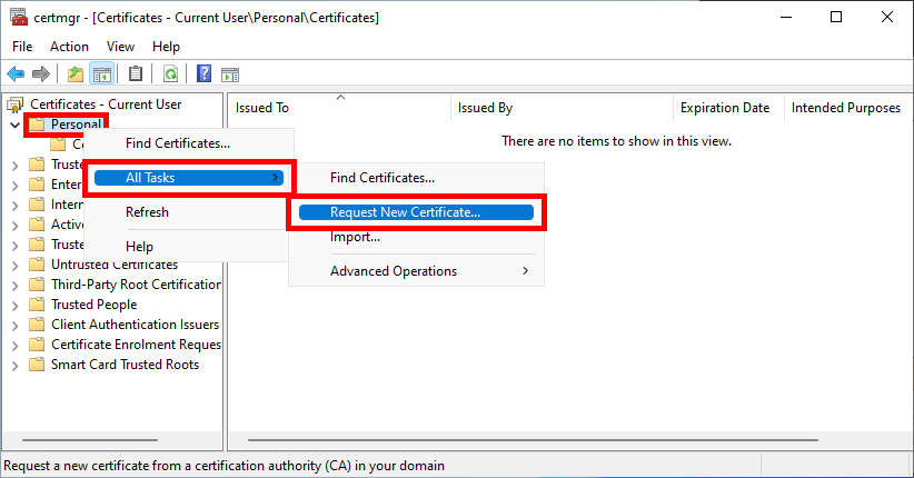 Capture d'écran du clic droit sur Personnel et de la sélection de Demander un nouveau certificat dans la Console de gestion des certificats