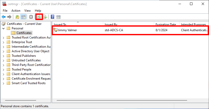 Capture d'écran du certificat d'authentification du client après actualisation de la Console de gestion des certificats