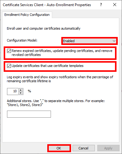 Capture d'écran de l'activation du Modèle de configuration et de l'automatisation du renouvellement du certificat