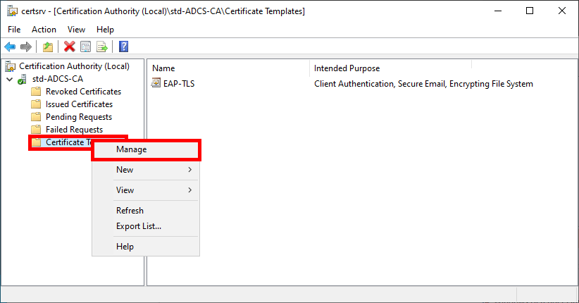 Capture d'écran de l'ouverture de la Console des modèles de certificat