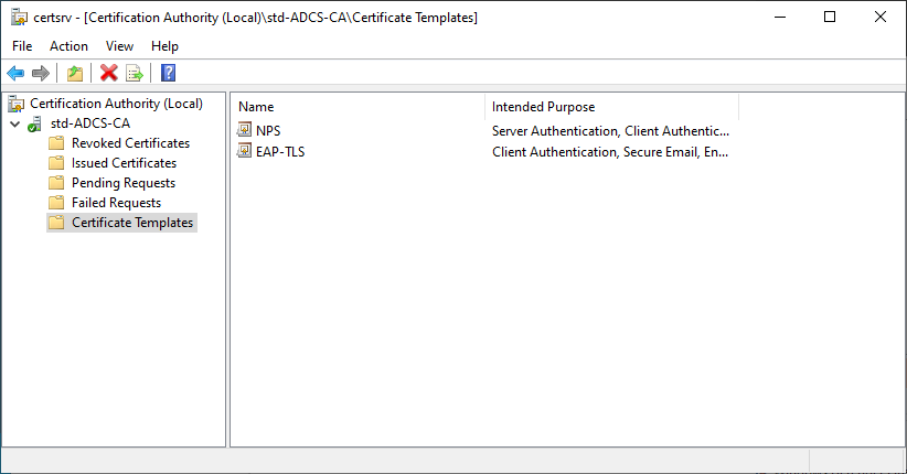 fenêtre windows de l'outil de configuration du service ADCS avec seulement les modèles EAP-TLS et NPS dans le dossier modèle de certificat