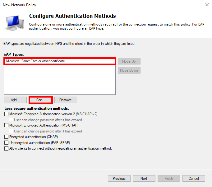 Capture d'écran de la sélection de Microsoft : Carte à puce ou autre certificat comme type EAP dans la configuration Ubiquiti Wi-Fi EAP-TLS