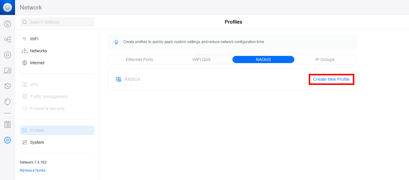 Création d'un nouveau profil RADIUS depuis l'interface Web Unifi Server