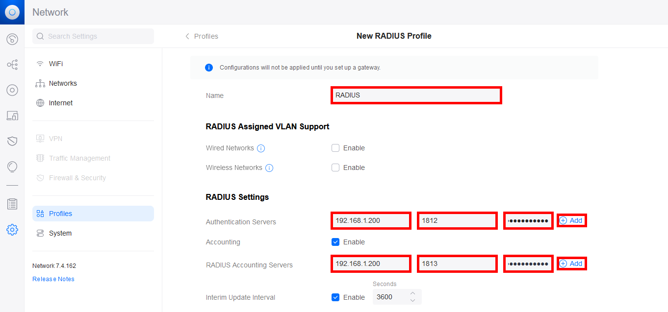 Les différents paramétres du profil RADIUS de l'interface Web Unifi Server avec le serveur d'authentification et de comptabilité