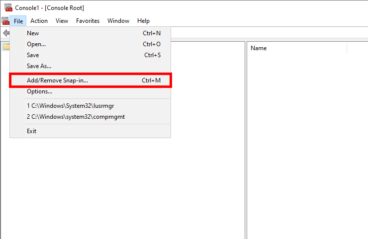 Console MMC avec l'option 'Ajouter ou supprimer des extensions...' sélectionnée dans le menu 'Fichier'