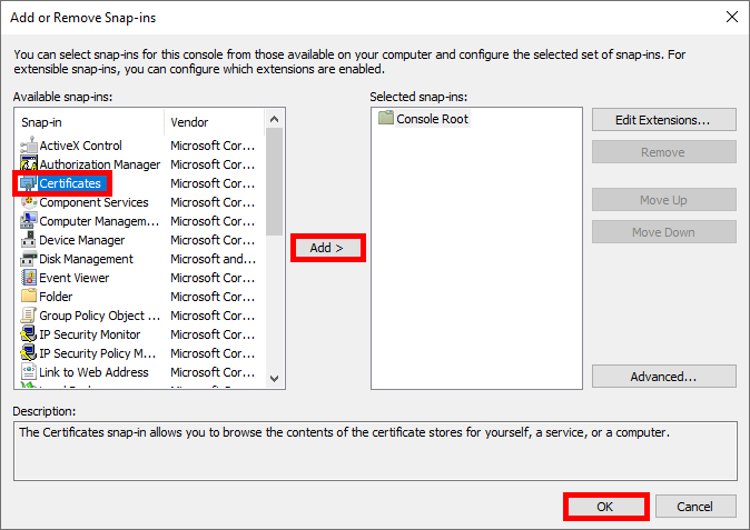 Console Ajouter ou supprimer des extensions avec l'extension 'Certificats' ajoutée