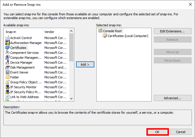 Console Ajouter ou supprimer des extensions avec l'extension 'Certificats' ajoutée