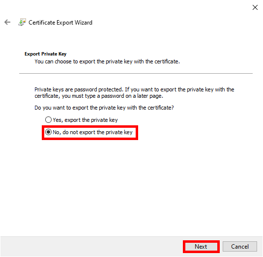 Écran demandant d'exporter la clé privée dans l'Assistant d'exportation de certificat.