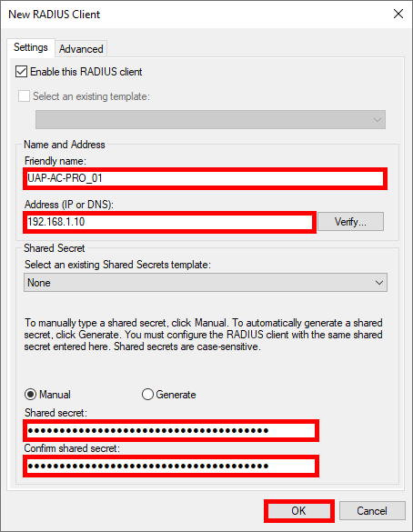 Capture d'écran de la configuration des paramètres du client RADIUS avec Nom, adresse IP et mot de passe