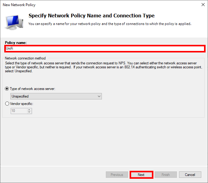 Capture d'écran du nommage de la politique réseau dans la configuration Ubiquiti Wi-Fi RADIUS