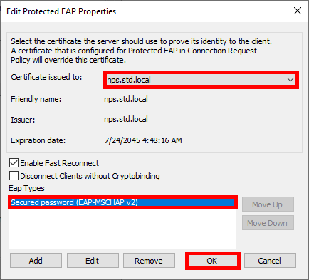 Capture d'écran de la sélection du certificat et du type EAP pour la politique réseau