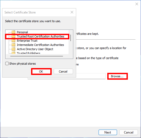 Capture d'écran de l'assistant d'installation de certificat