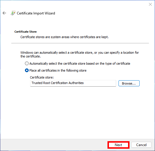 Capture d'écran de l'assistant d'installation de certificat
