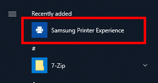 Windows 10 | L'application Samsung Printer Experience dans le menu démarrer.