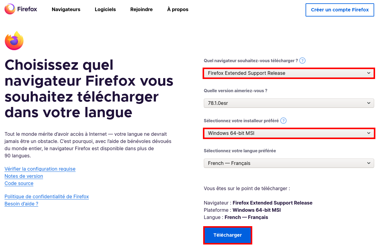 Page de téléchargement de Mozilla Firefox