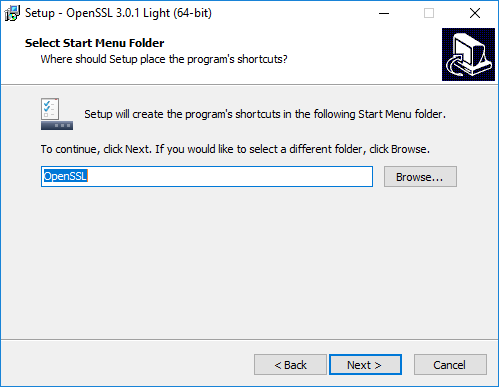 OpenSSL installation | Select Start Menu Folder