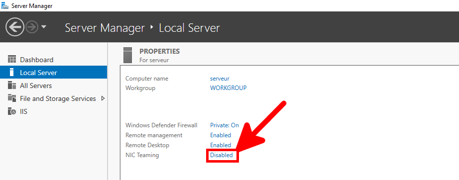 Windows | Server Manager, Nic Teaming link