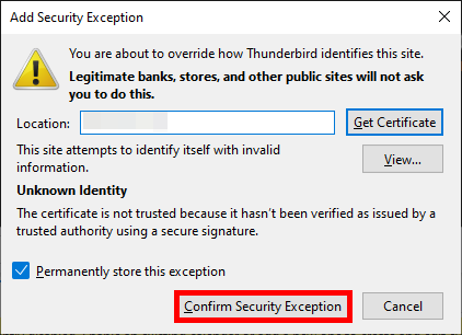 Thunderbird Add security Exception window