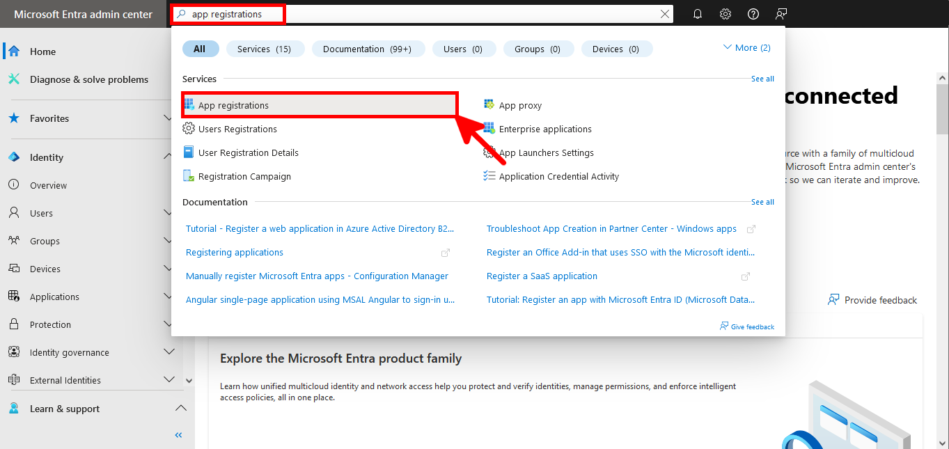 Microsoft Entra search menu