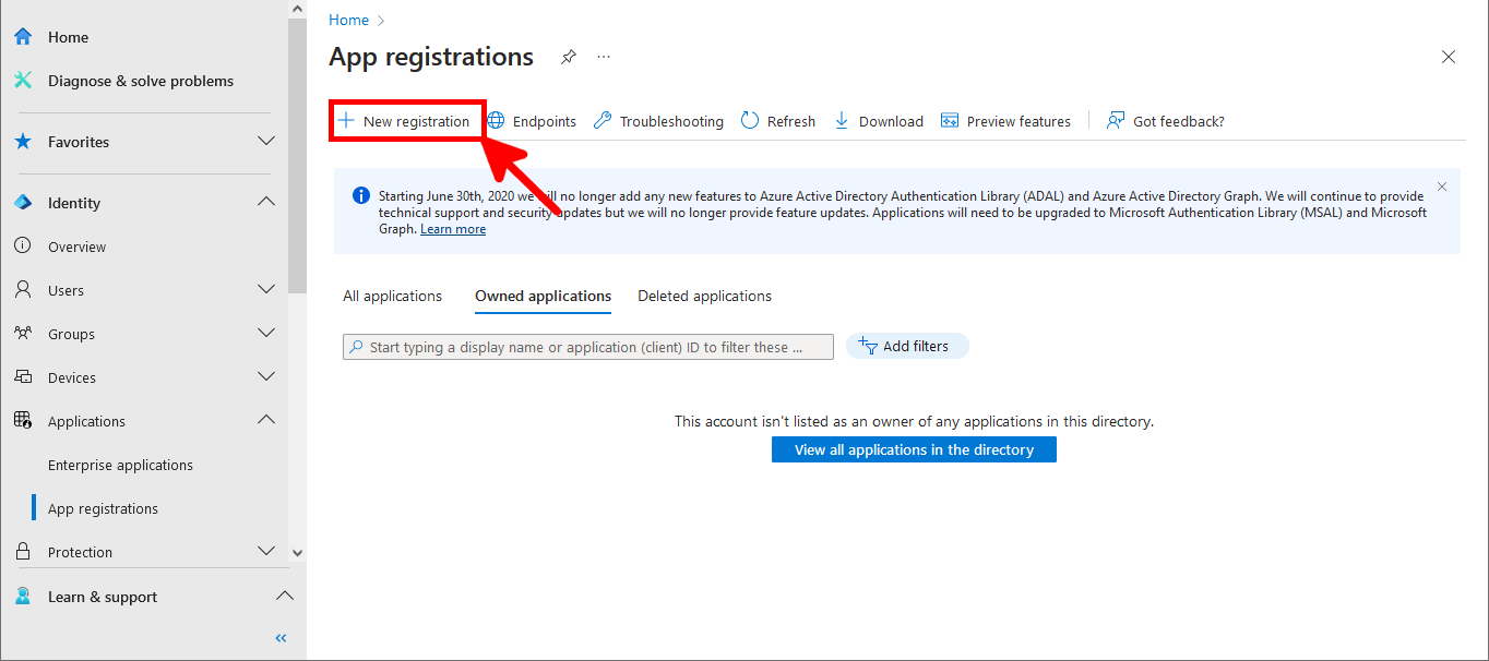 Microsoft Entra app registrations menu with the new registration entry highlighted in red
