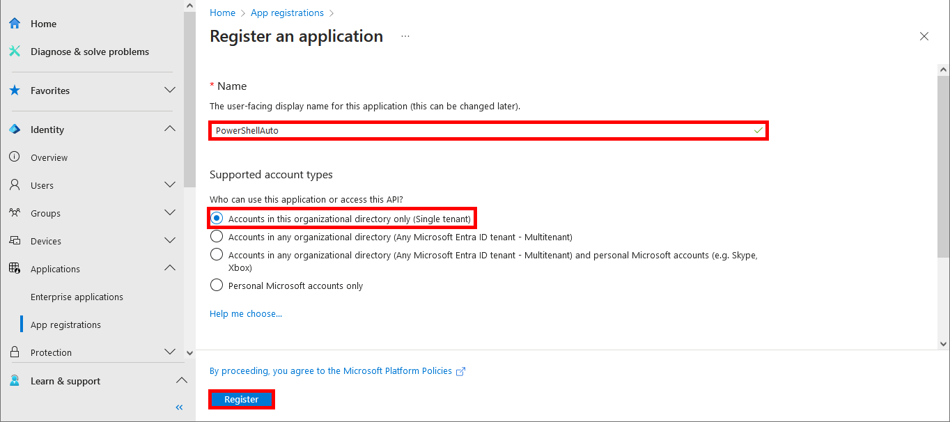 Microsoft Entra Register an application menu