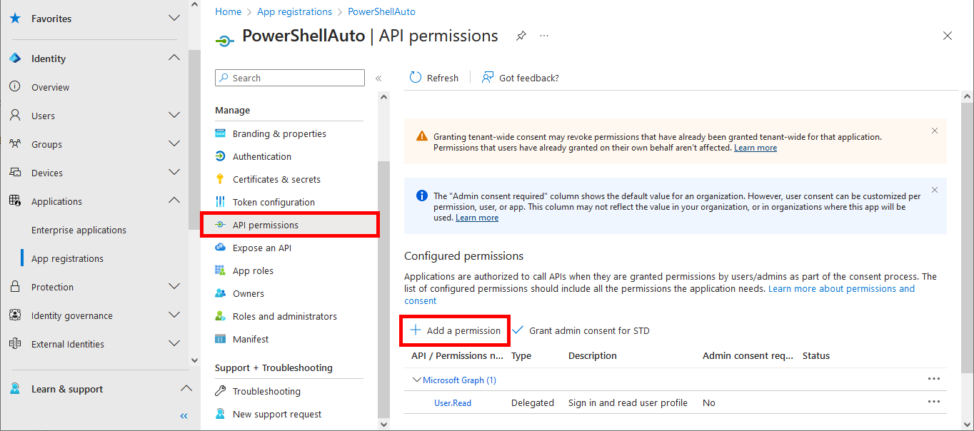 Microsoft Entra API permissions menu with add a permission entry highlighted in red