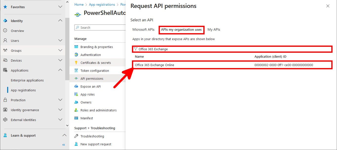 Microsoft Entra Request API permissions menu with Office 365 Exchange entry highlighted in red
