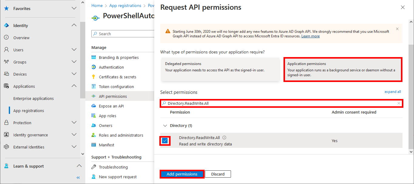 Microsoft Entra Request API permissions menu adding the Directory.ReadWrite.All permission