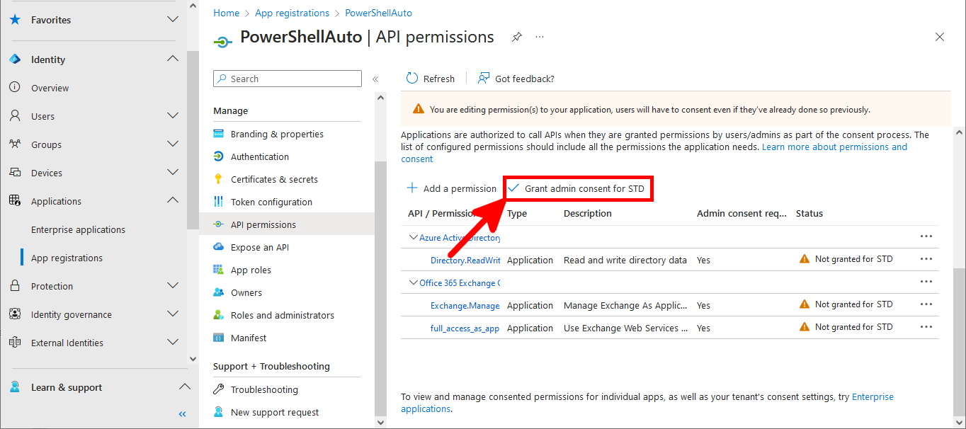 Microsoft Entra Request API permissions menu granting admin consent