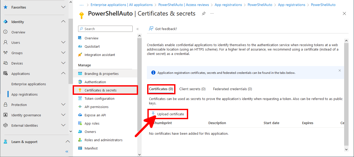 Microsoft Entra App registration uploading a certificate menu