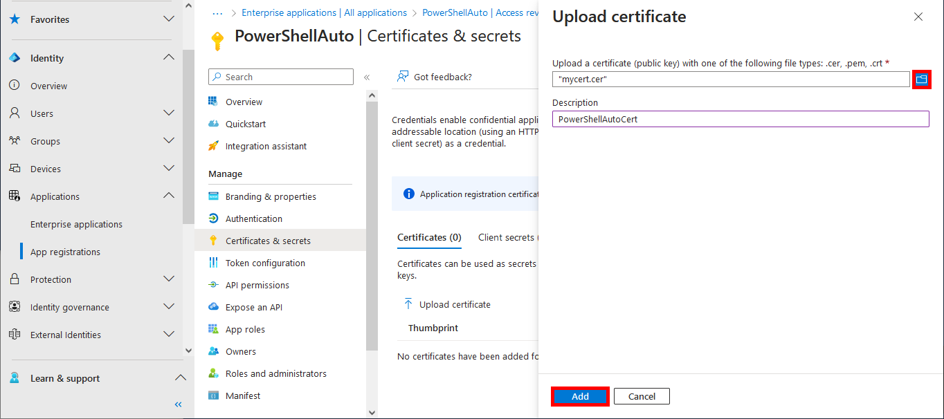 Microsoft Entra App registration uploading a certificate