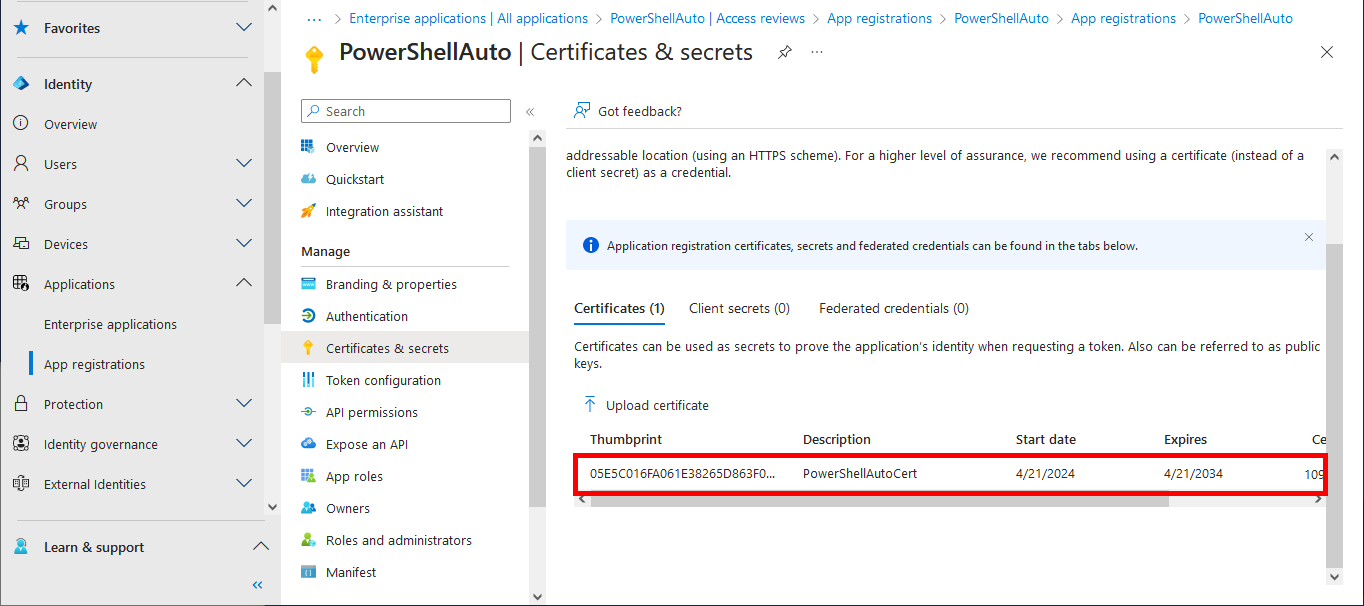 a view of a certificate imported into microsoft entra