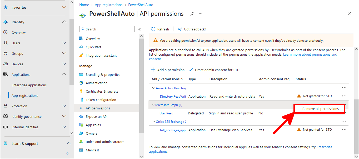 Microsoft Entra Request API permissions menu removing the Microsoft Graph Entry