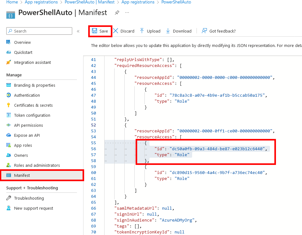 Inserting code in the Microsoft Entra Manifest