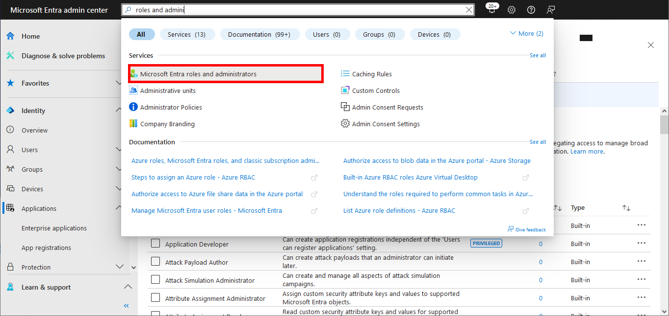 Microsoft Entra search bar with the terms Microsoft Entra roles and administrators
