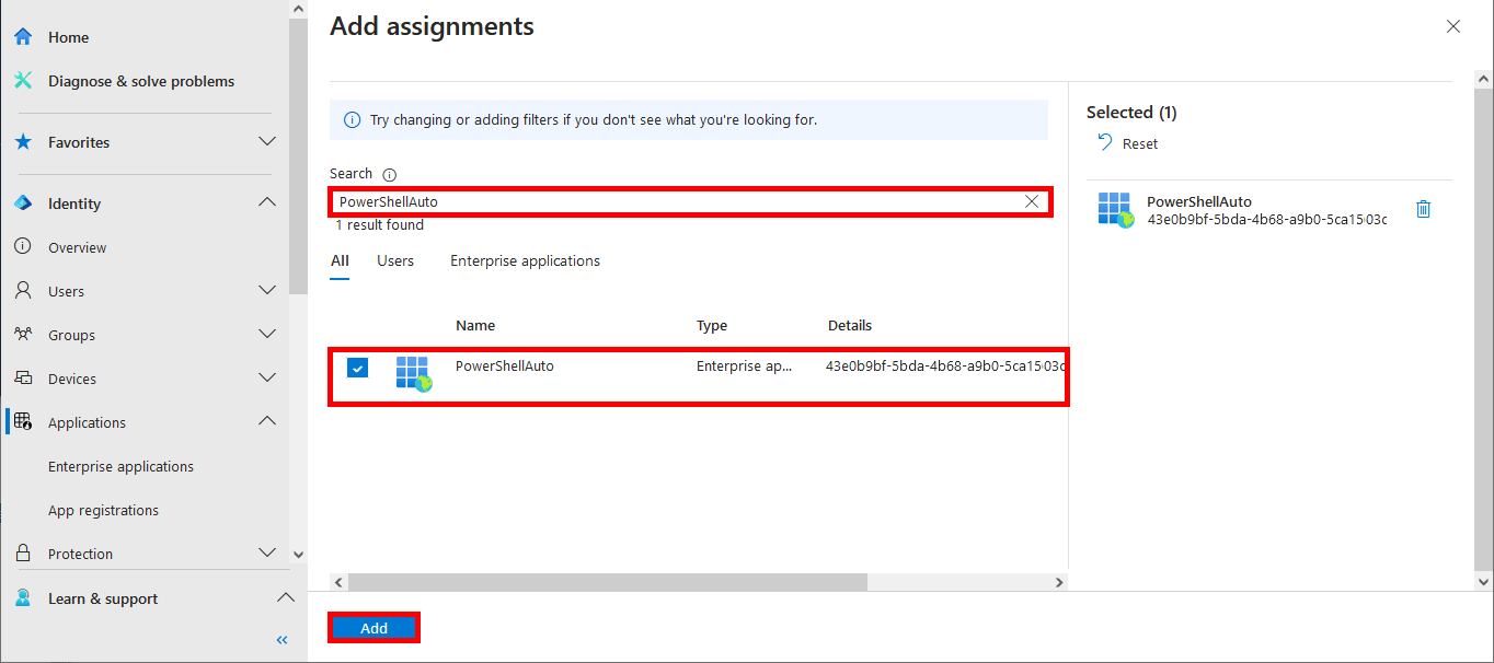 adding an application from the add assignments menu in microsoft entra
